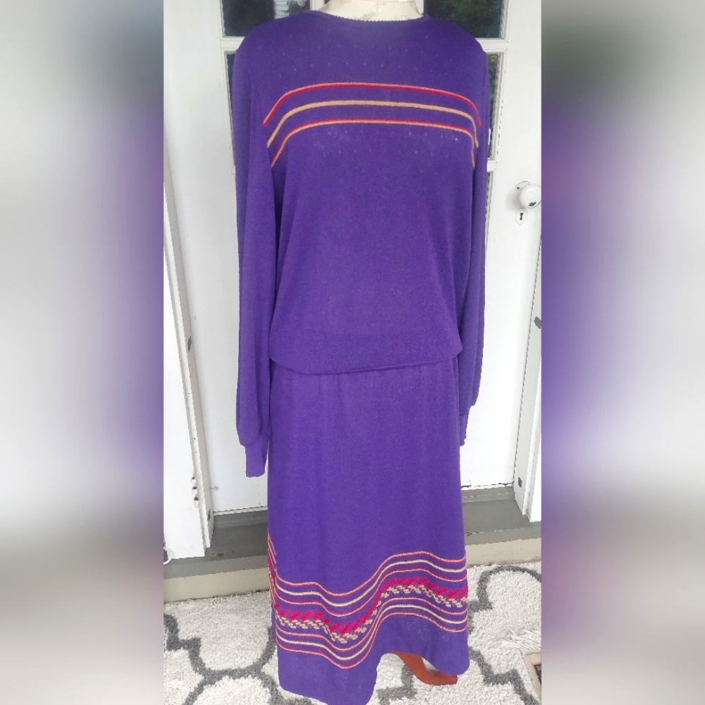 Vintage knit sweater and skirt set purple with yellow and red embroidery med- lg